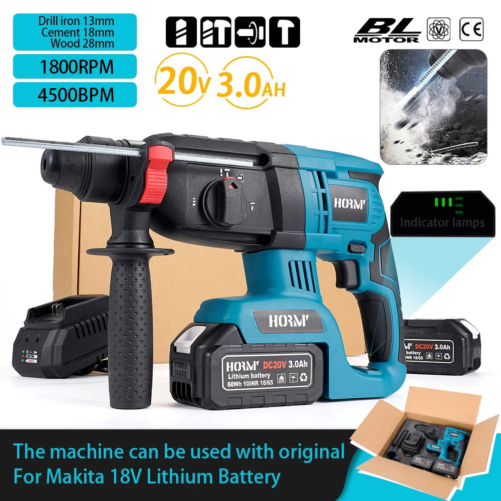 

18V 1800rpm Brushless Cordless Rotary Hammer Impact Drill Rechargeable Multifunctional Electric Hammer For 18V Makita Battery