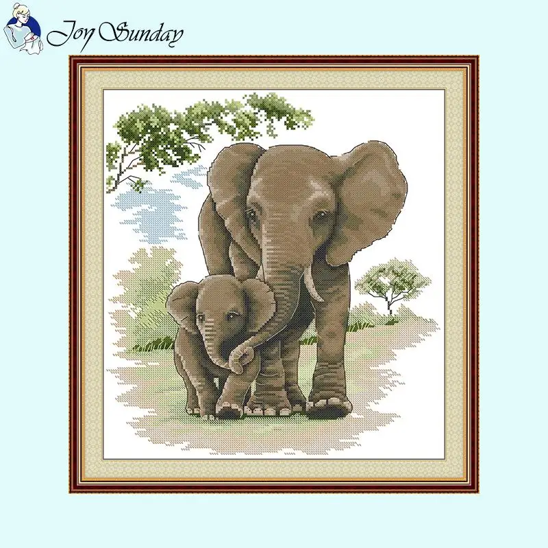 Joy Sunday Animal Patterns Elephants Cross Stitch Embroidery Kit Aida 11CT 14CT 16CT Count Canvas Needlework Set DIY Home Decor