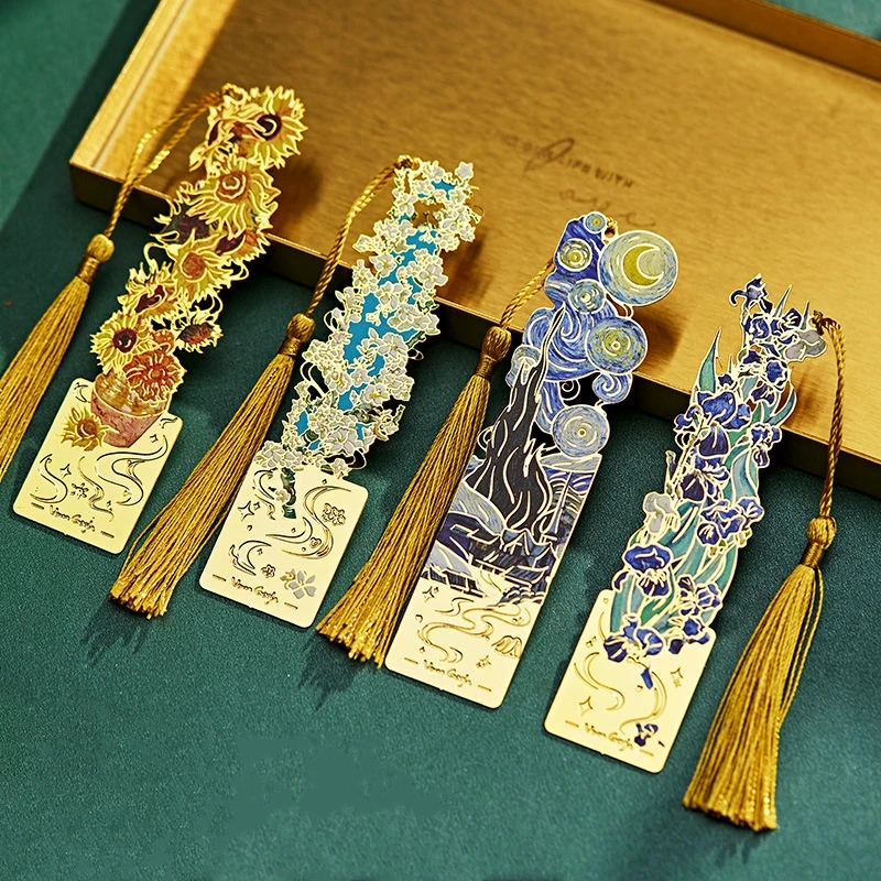 Van Gogh Oil Painting Style Bookmark Vintage Metal Book Page Book Decoration Tassels Bookmarks Student Office Supplies