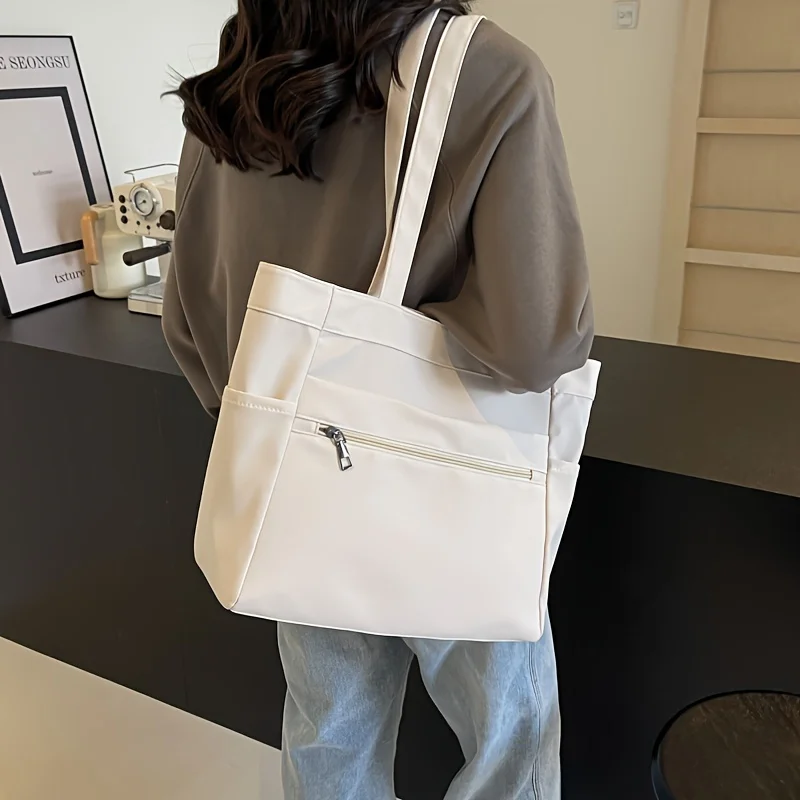 New Women's Shoulder Bag Large Capacity Multiple Pockets Handbag Simple Canvas Tote Bag Daily Commuting