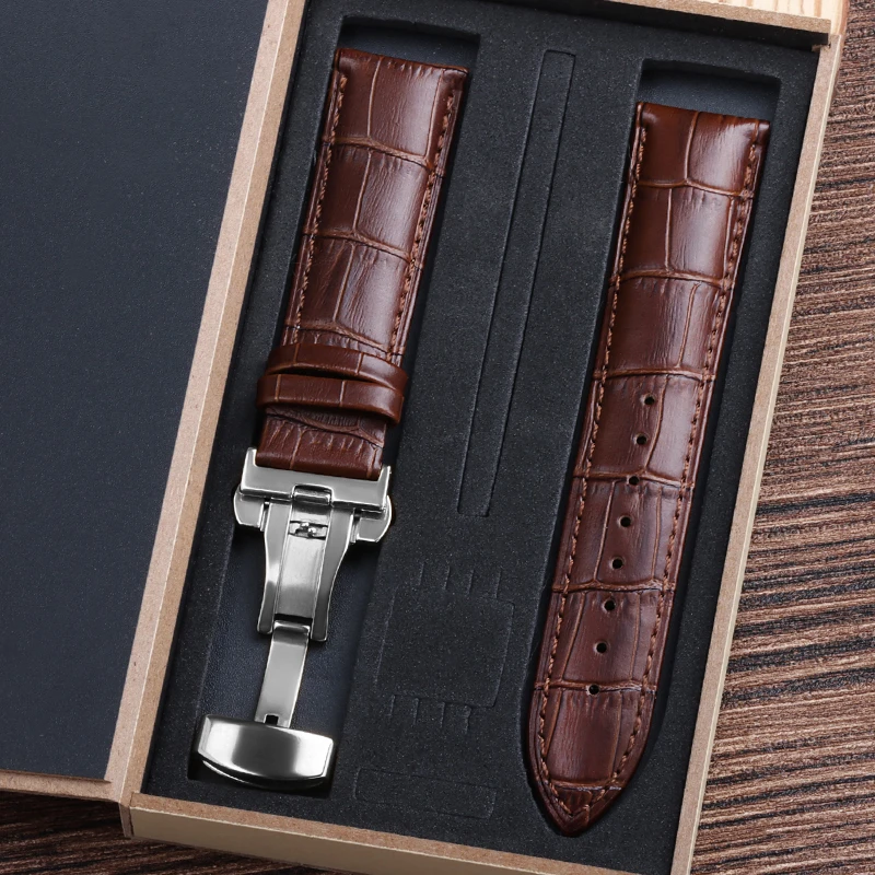 Luxury Genuine Cowhide Leather Watch Strap with Butterfly Clasp and Gift Box