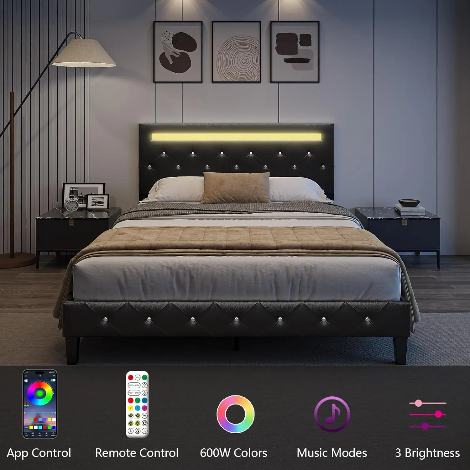 Queen Size Bed Frame with LED Lights, Upholstered Platform Bed Frame, Adjustable Headboard with Charging Station, Wooden Slats