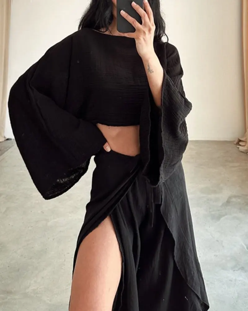 Flare Sleeve Loose Crop Top + Slit Wide Leg Pant Set 2pc Casual Solid Elastic Wasist Trouser Tees Vacation Beach Women Outfits