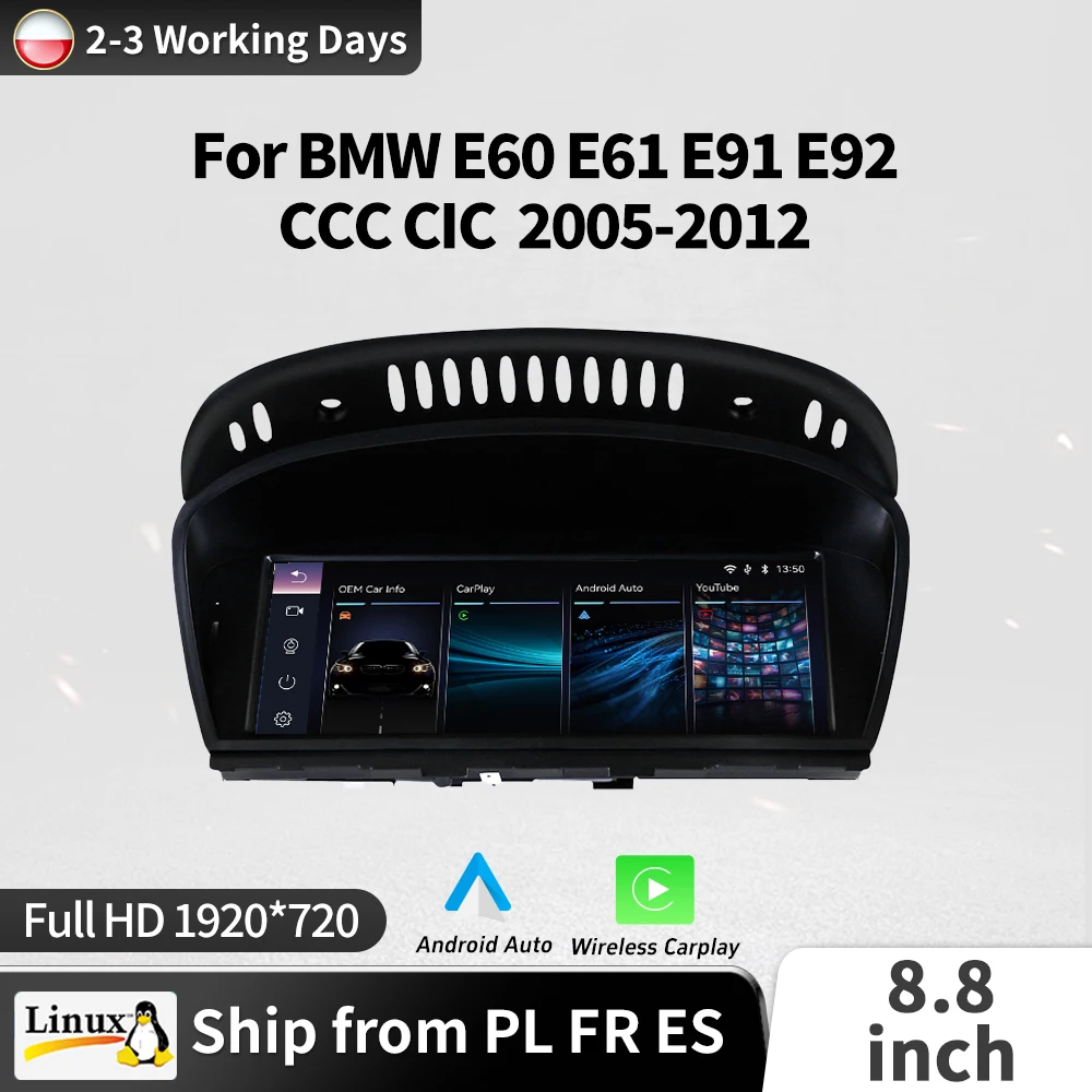 Pantalla de radio Linux de 8.8 pulgadas con CarPlay inalámbrico y Android Auto, reproductor multimedia para coche BMW Serie 5 y 3 E60 E61 E62 E90 E91 E92 CCC CIC 1
