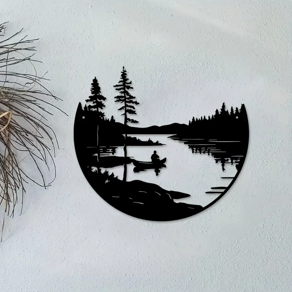 Round Metal Wall Art – Bohemian Lake & Mountain Silhouette Decor 3