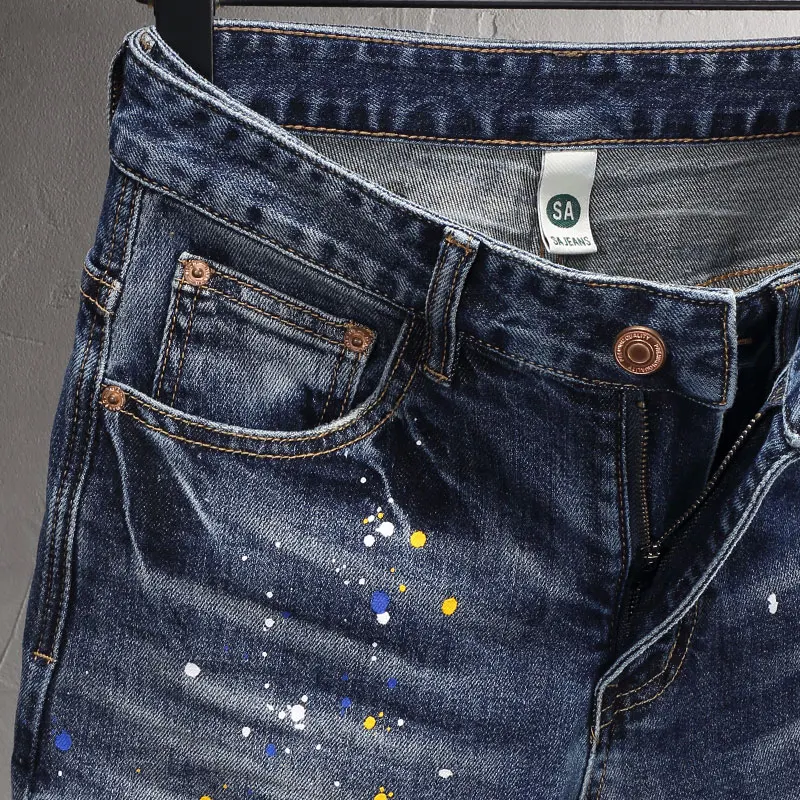 Streetwear Fashion Men Jeans Retro Washed Blue Elastic Slim Fit Ripped Jeans Men Painted Designer Hip Hop Denim Pants Hombre