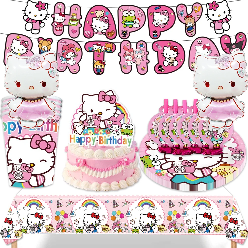 

Тематические вилки Hello Kitty, тарелки, баннер, Декор, чашки для вечеринки на день рождения, стандартные палочки, пригласительные открытки