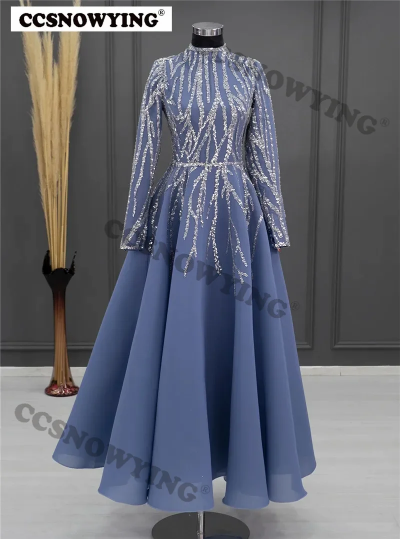 

Organza Beaded Muslim Evening Dresses Long Sleeve A Line Hijab Islamic Women Formal Party Gown Arabic Kaftan Robes De Soirée