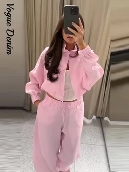 Casual Solid Loose Coat Trouser Suits Women Stand Collar Long Sleeve Top Wide Leg Pants Lady Set 2026 Summer Female Outfits