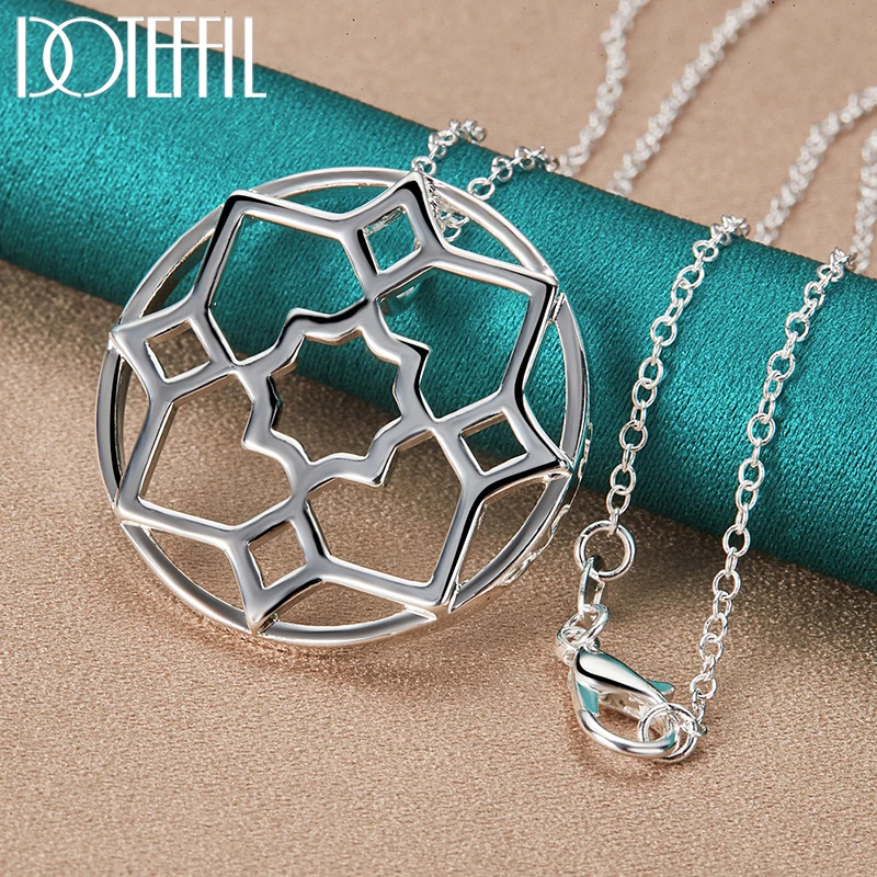 DOTEFFIL 2pcs 925 Sterling Silver Round Flower Pendant Necklace Earring Set for Woman Man