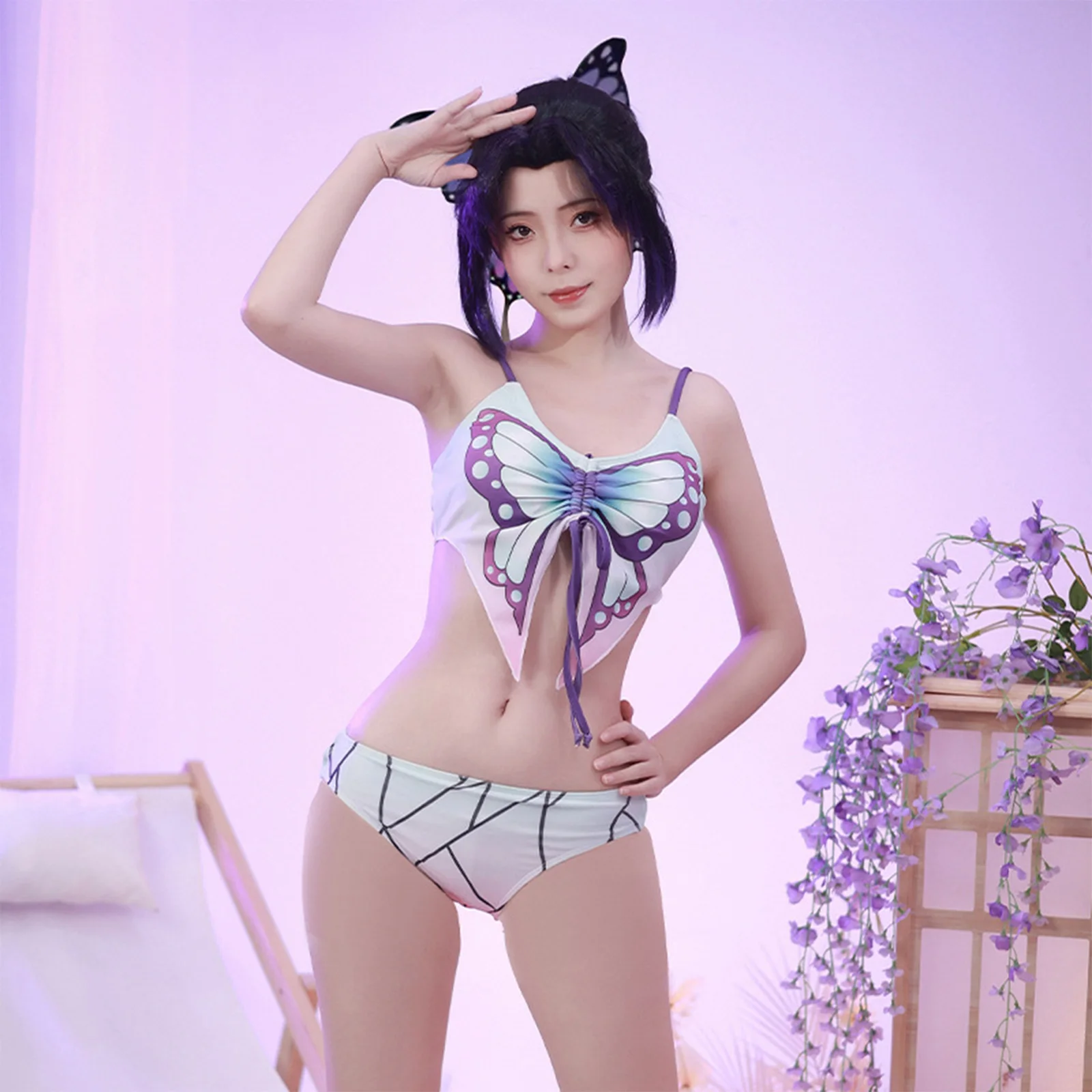 Women Two Piece Bikini Set Shinobu Swimsuit Lace Up Bathing Suit +