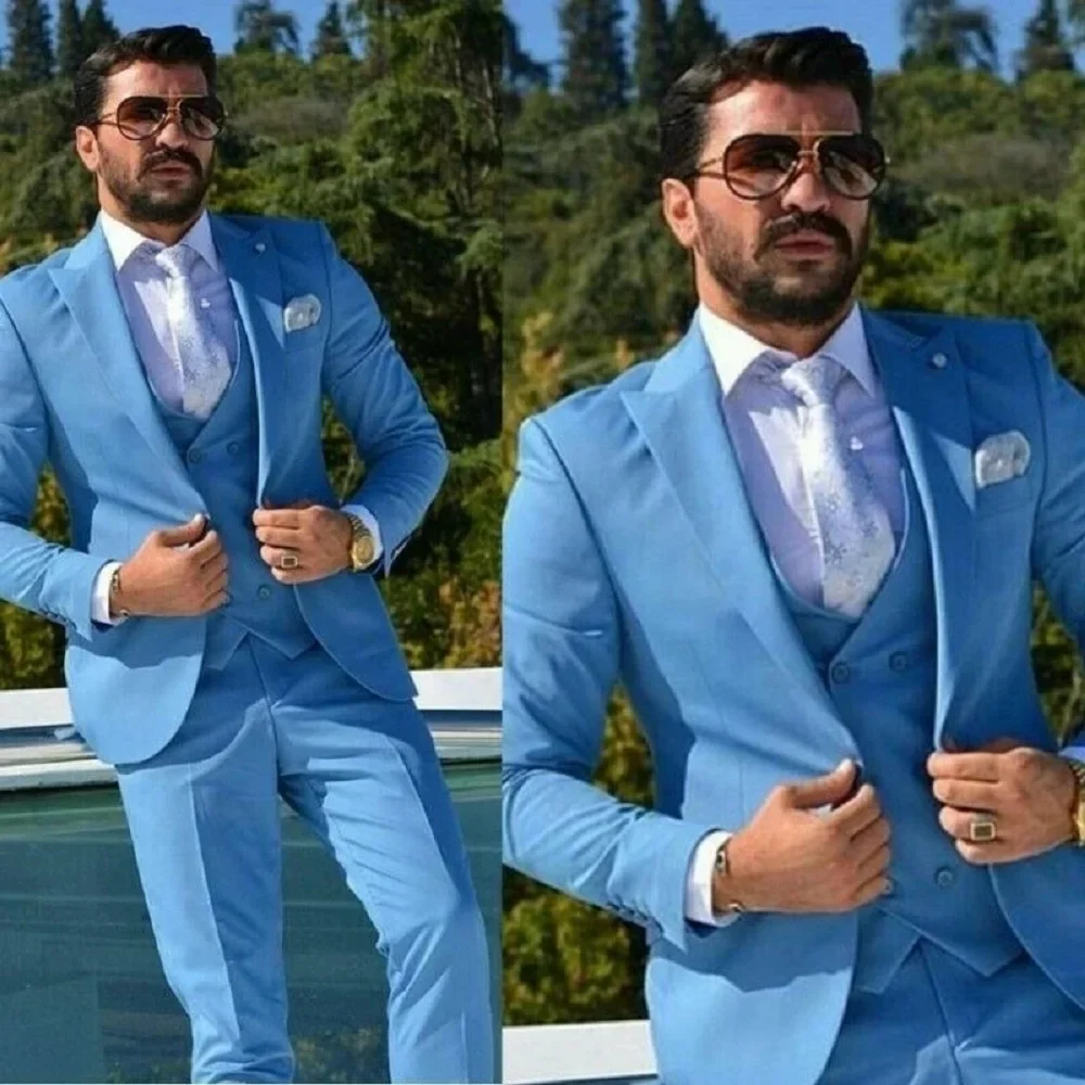 Fashion Blue mens Suits Men's Groom Wedding Wear Suits Slim Tuxedos Peak Lapel Custom Made 3 Pieces