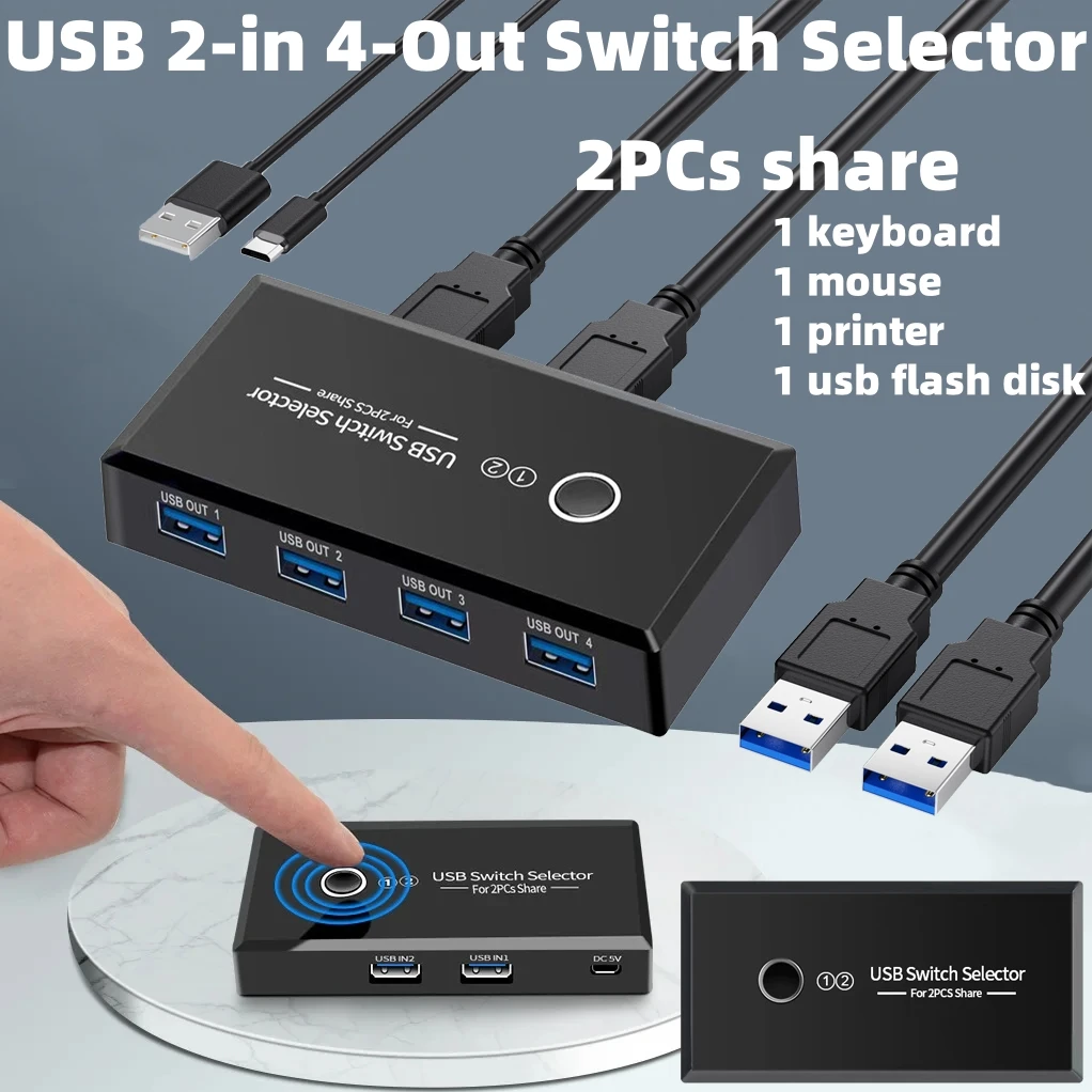 USB 4x2 One-Button Switch Selector for Sharing Multiple USB Devices