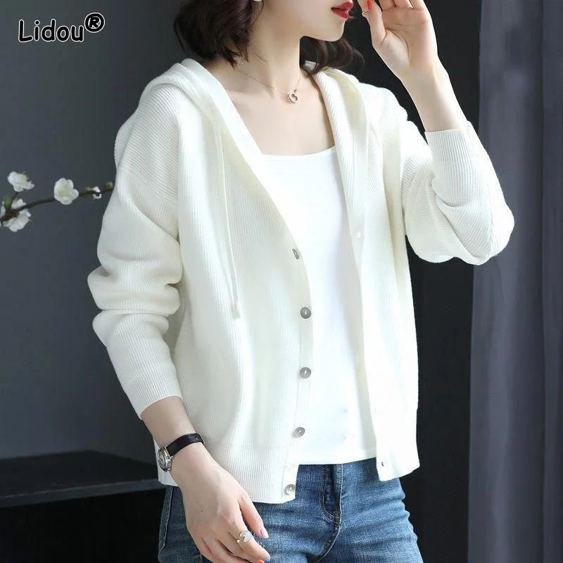 

Autumn Winter Single Breasted Hooded Sweater Cardigan Streetwear Multiple Colour Knitting Sweaters Drawstring Women's Clothing
