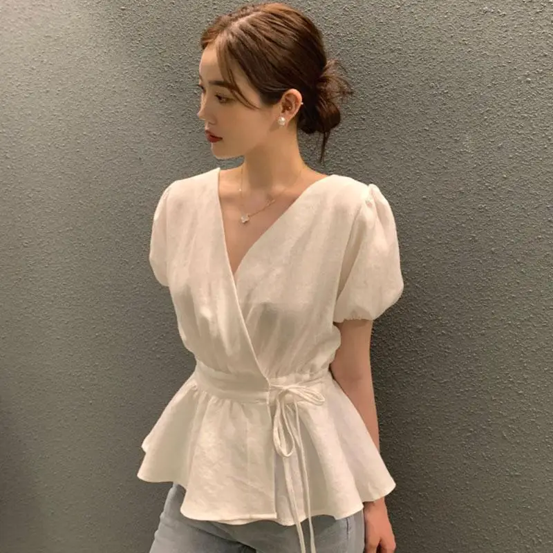 Korean Chic Summer Retro Easy Matching Cross V-neck Lace-up Waist-Controlled Slimming Puff Sleeve Ruffled Shirt Top lola мастурбатор take it easy chic