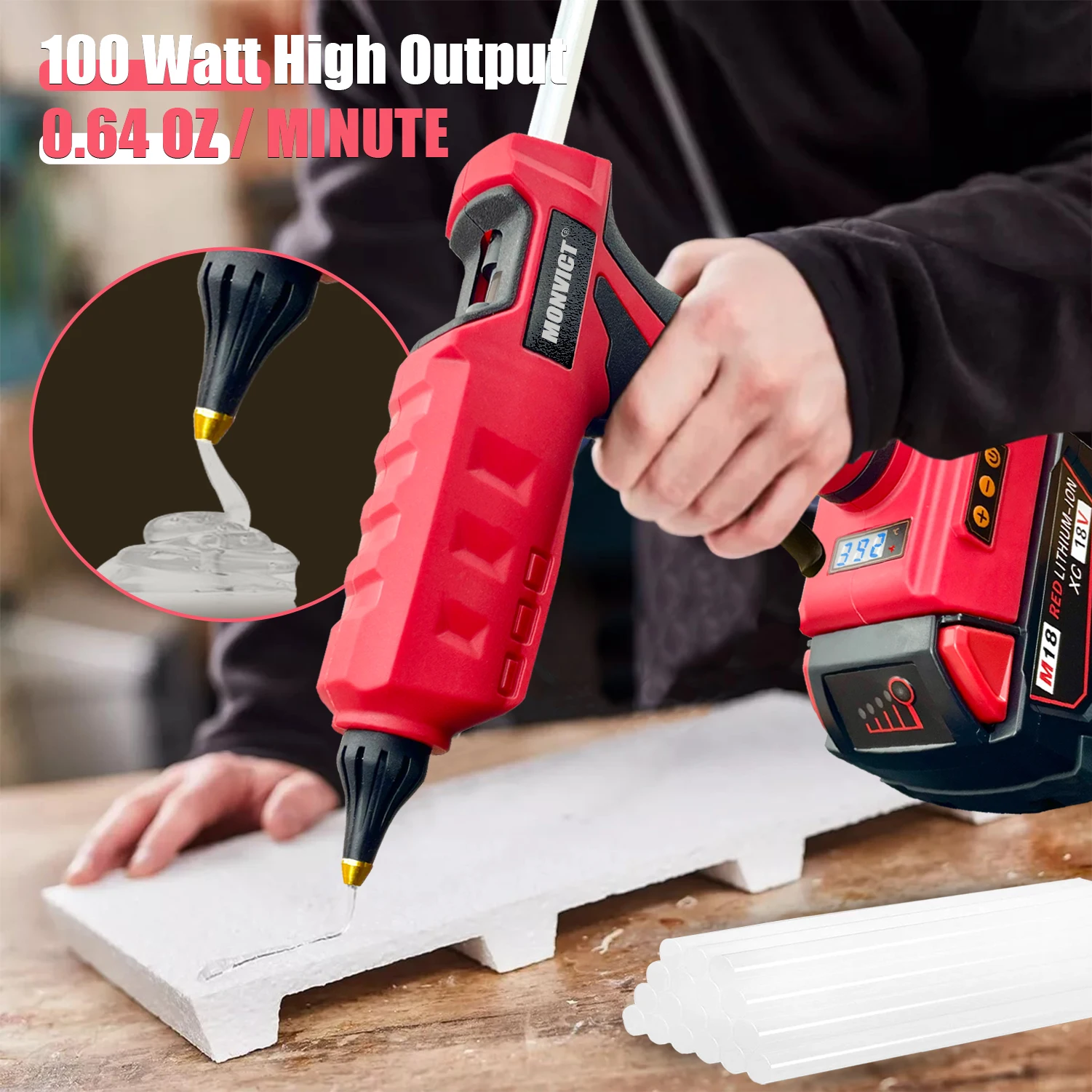 Milwaukee 18V Battery 100W Cordless Glue Gun Digital Temperature Adjustable Full Size Heavy Duty with 10 Sticks