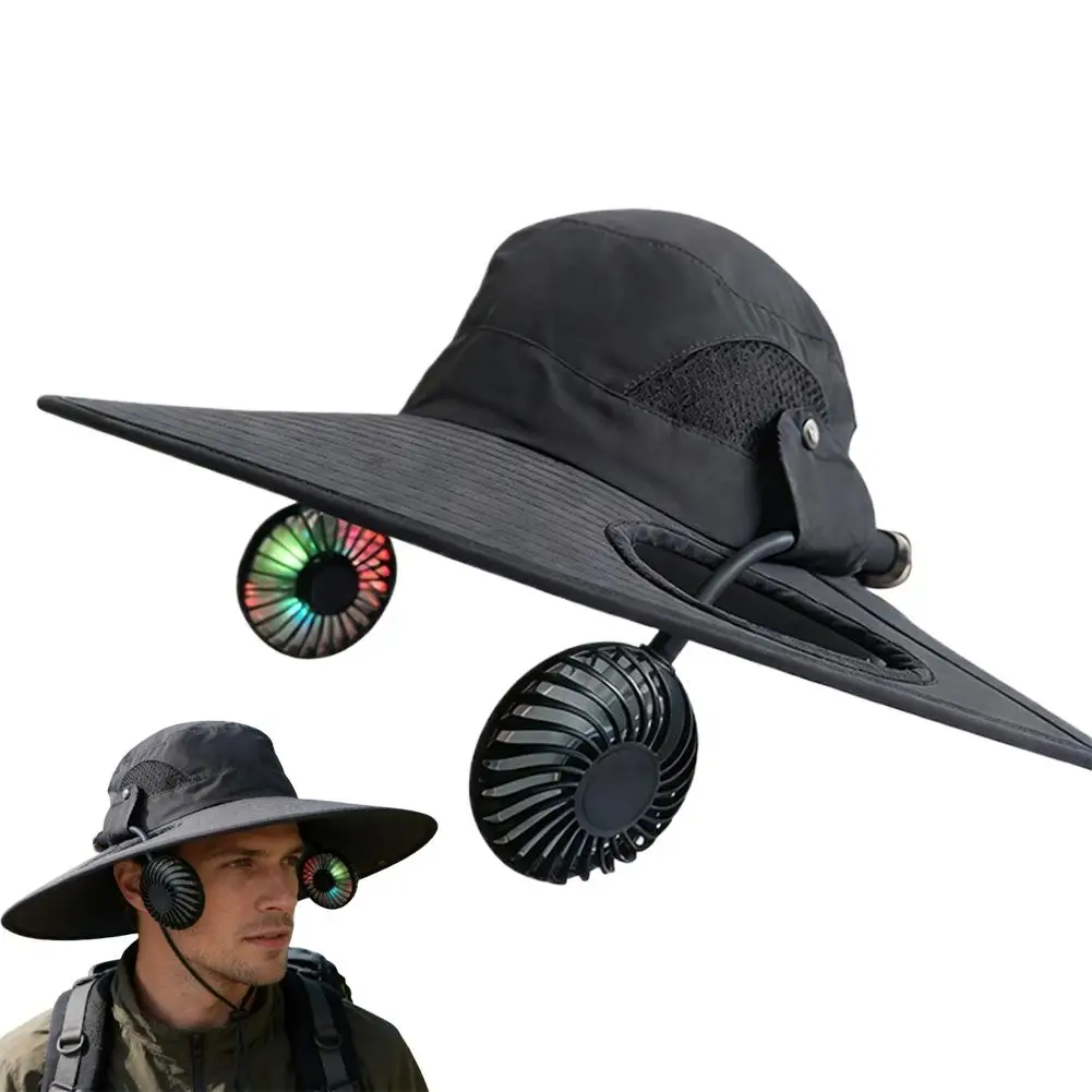 Sommer Herren Sonnenhut mit breiter Krempe und Solarventilator – Outdoor-Schutz-Sonnenhüte mit 2 Solarventilatoren für Wandern und Angeln – Solarbetriebene Visierkappe – Neu eingetroffen – Detail 4