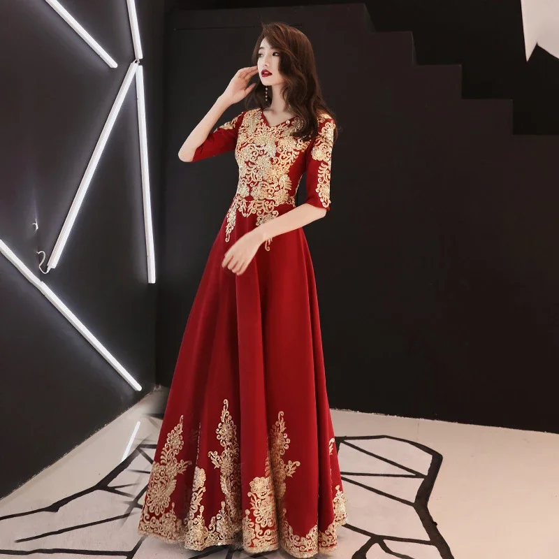 

Dark Red Party Evening Long Cheongsam Retro Slim Dress Marriage Gown Chinese Style Wedding Qipao Lady Clothes Vestido XS-XXXL