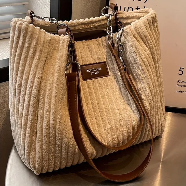 Sac fourre-tout élégant en velours côtelé pour femme, sac à bandoulière en peluche de grande capacité, sac de banlieue et de voyage polyvalent. 1