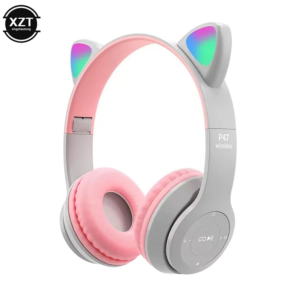 Cute Cat Ear Bluetooth-compatible Headset with LED Wireless Headset Children Girls Gift Stereo Music Sports Headset with Mic