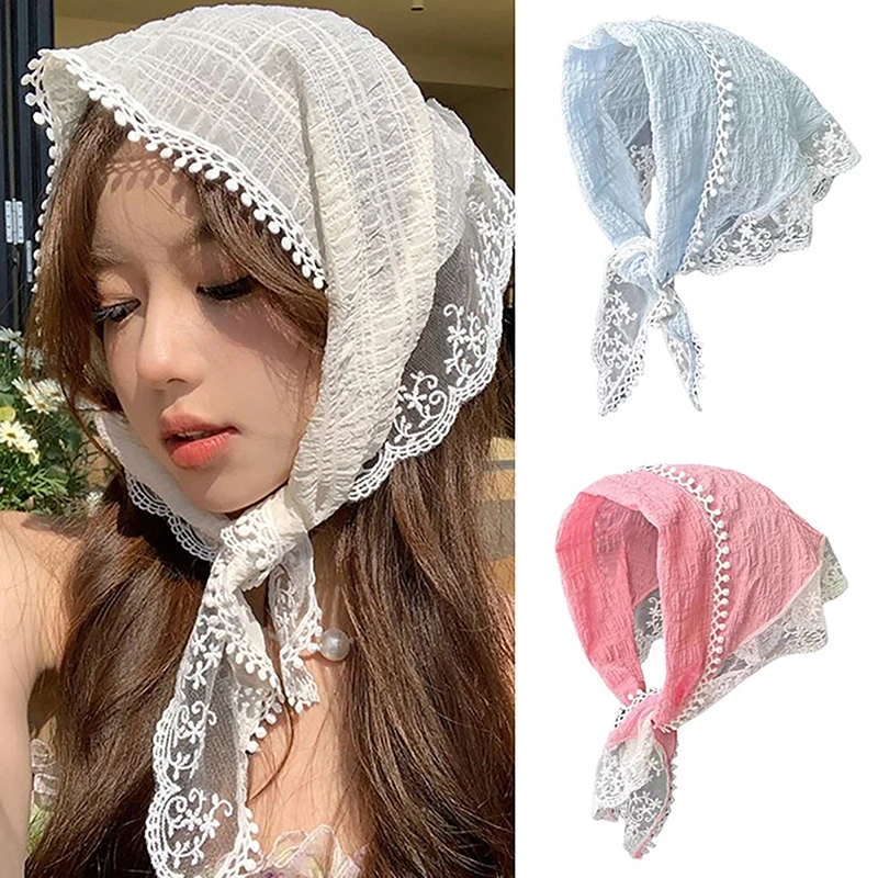 

1PC Hair DIY Accessories French Style Lace Headband Sunscreen Sunshade Headscarf Solid Girl Sweet Hijab Triangle Scarf
