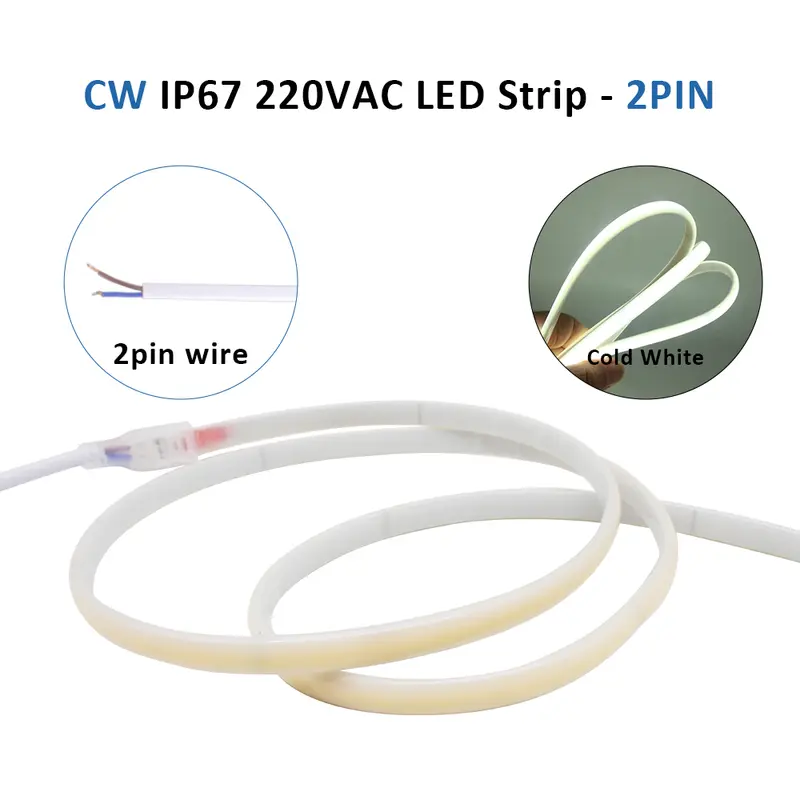AC220V COB LED Strip Light IP67 Waterproof Flexible Ribbon 2Pin Wire/EU Plug Tape Lamp 3000K/4000K/6000K Outdoor Linear Lighting - Image 12