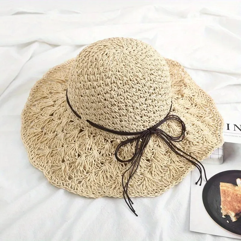 New Women Casual Travel Supply Sun Protection Beach Hat Raffia Straw Hat Bowknot Rope Decoration Straw Hat