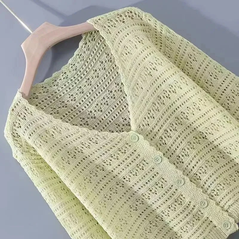 여성용 아이스 실크 얇은 뜨게 가디건 코트, 긴 소매 짧은 할로우 아웃 자외선 차단 숄, 뜨게 상의, 2023 여름 신상