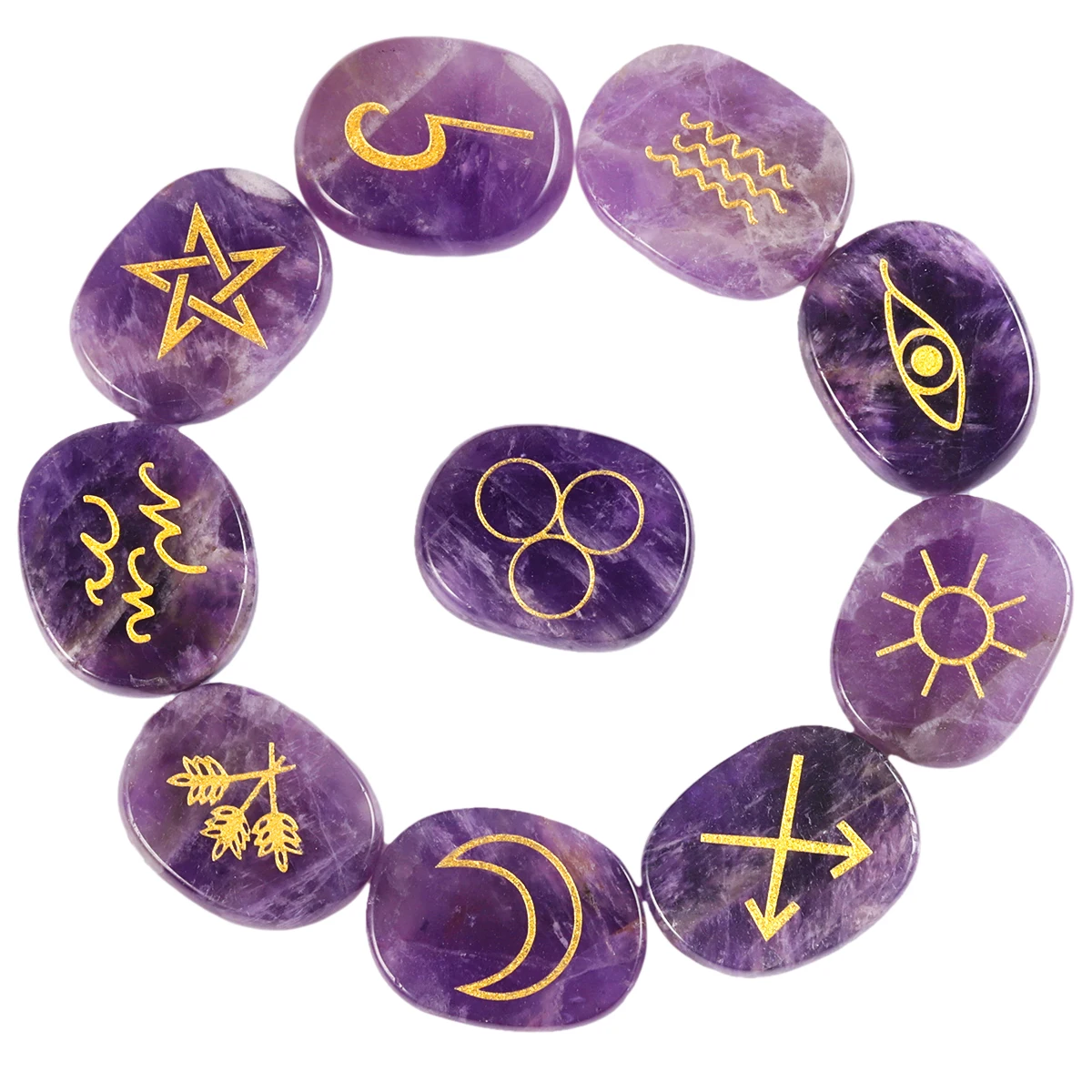 10Pcs/Set Healing Crystal Witches Runes Stone Kit With Engraved Gypsy Symbols For Chakra Balancing Divination Yoga Meditation