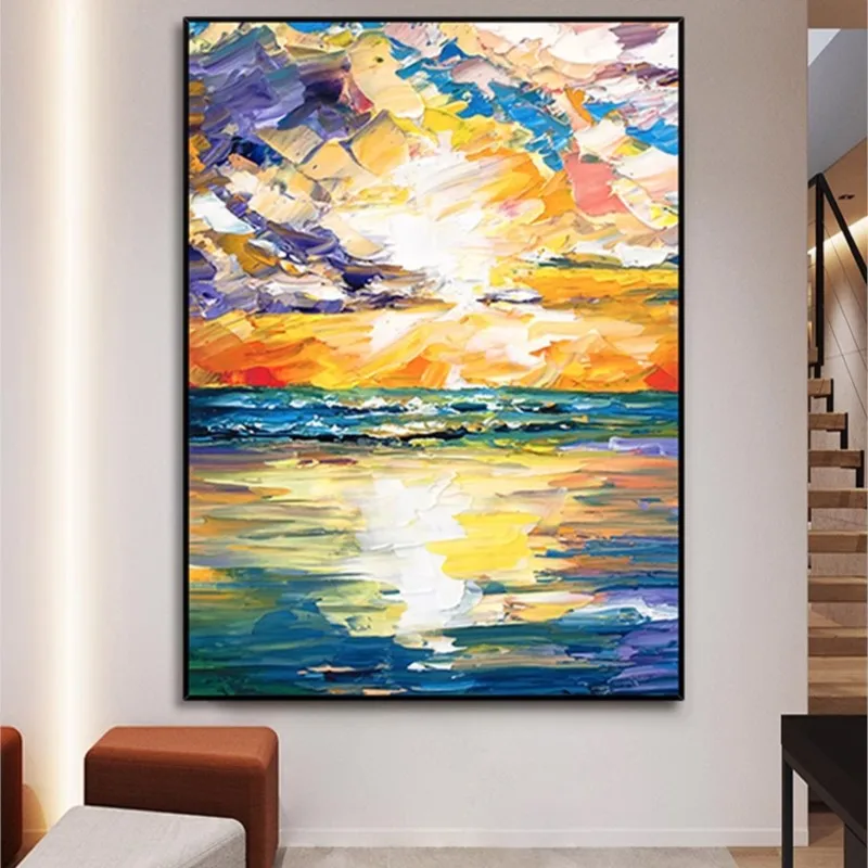 

Pure Hand Drawing Oil Painting Modern Simple Landscape Sea Sunrise Hanging Three-Dimensional Abstract Knife Entrance