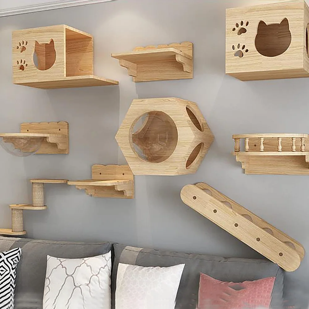 

1 Piece Cat Tree Cat Climbing Shelf Wall Mounted Ladder and Platform with Cat Observation Tower Pet Cat Indoor Wooden Furniture