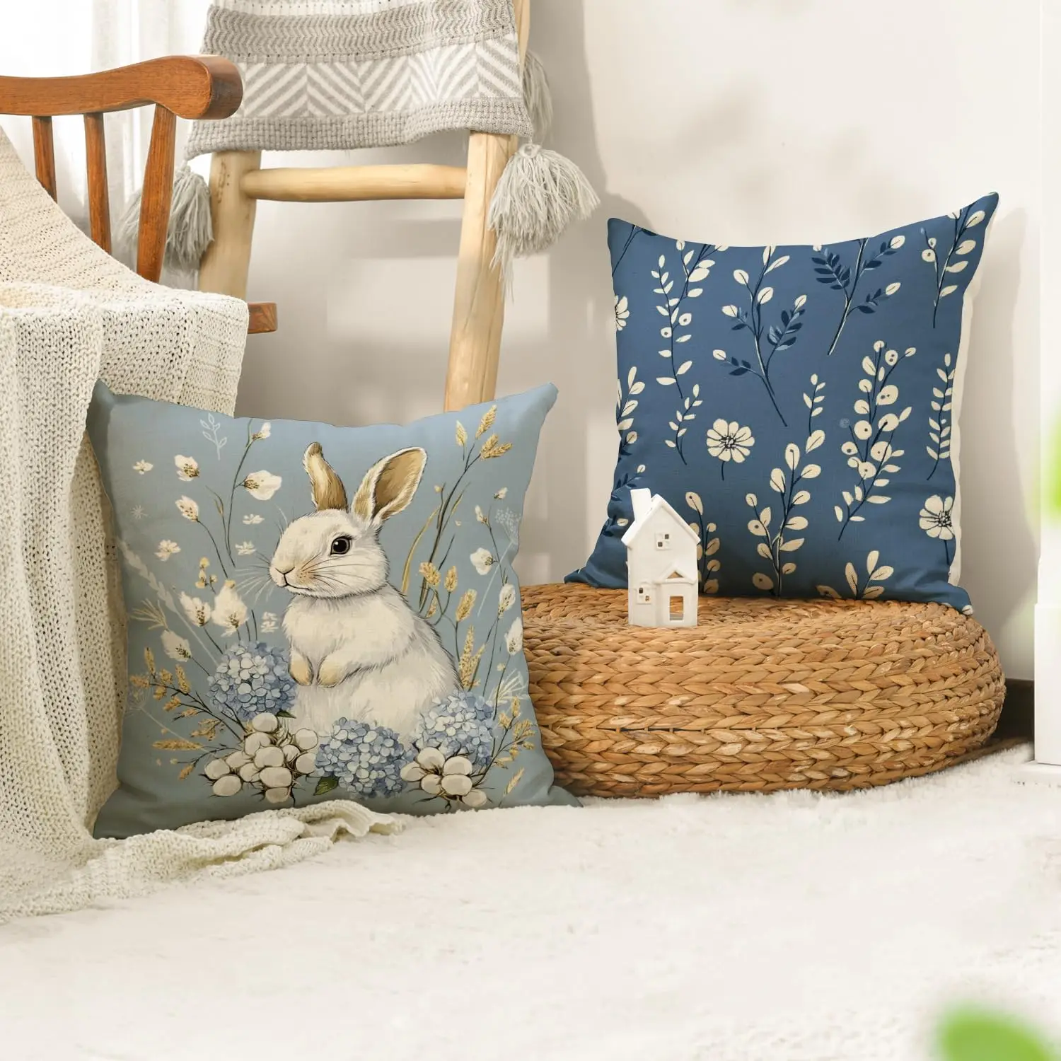 Easter Bunny Easter Egg Hydrangea blue pillow case, 18 x 18 inch eucalyptus leaf cotton cushion cover sofa decoration set of 4 5