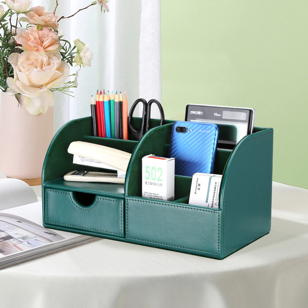 Half PU Leather Office Stationery Desk Organizer 6 Compartments Large Storage Boxes Wooden Pen Holder Pencil Organizer Case pen holder stationery organizer