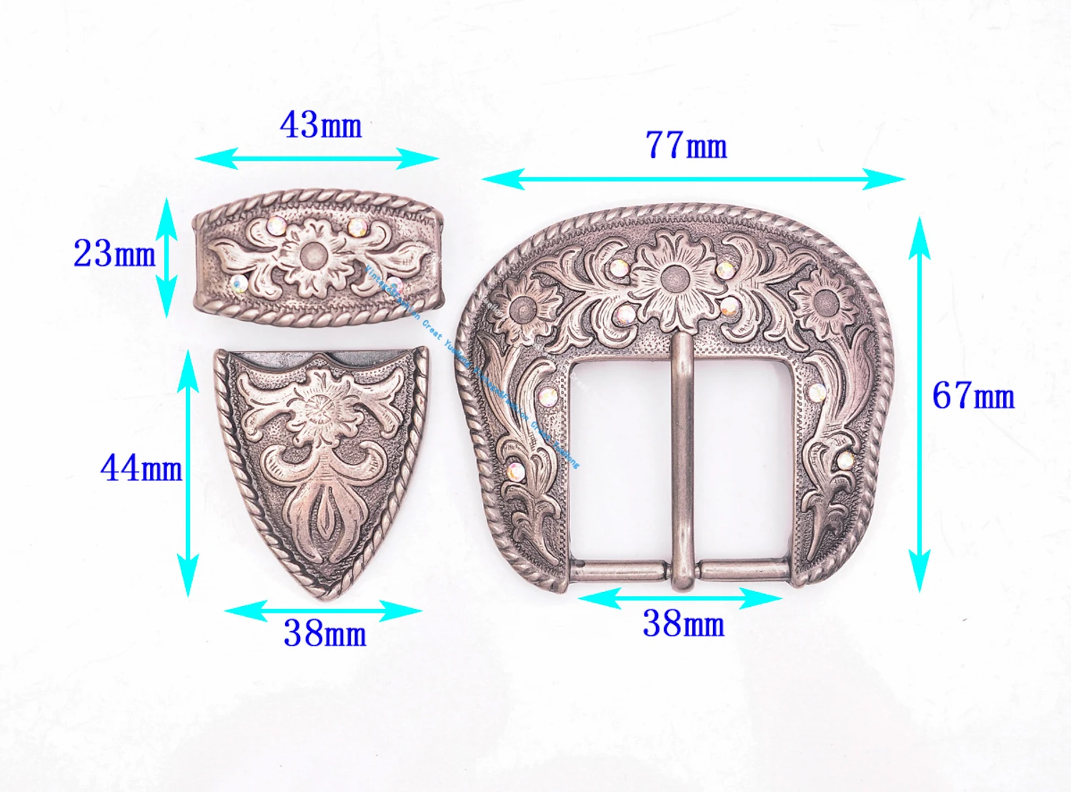 Schwere Qualität Western Cowboy Rodeo Schnalle Set antike Blumen Strass 3 Stück Set Leder Craft Gürtels chnalle fit 40mm Riemen – Detail 9