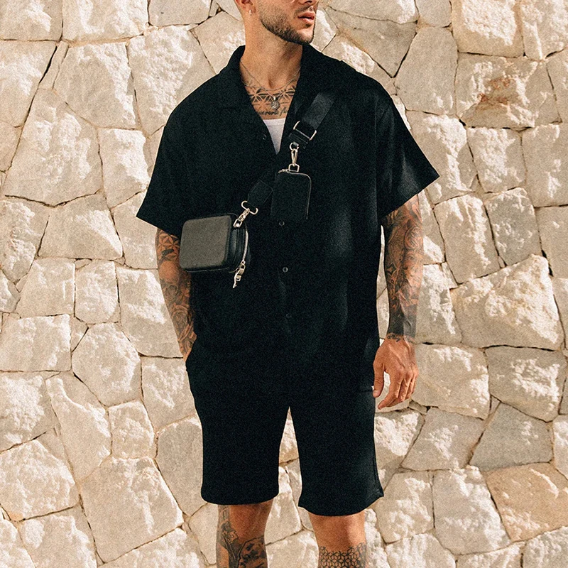 Leisure Men\'s Two Piece Set Short Sleeve Lapel Button Shirts And Shorts Beach Style Suits Men Summer Fashion Clothing Streetwear