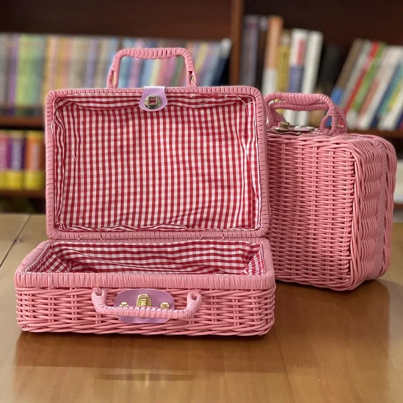 Vintage Rattan Suitcase with Gift Case Solid Woven Rattan Portable Mini Suitcase