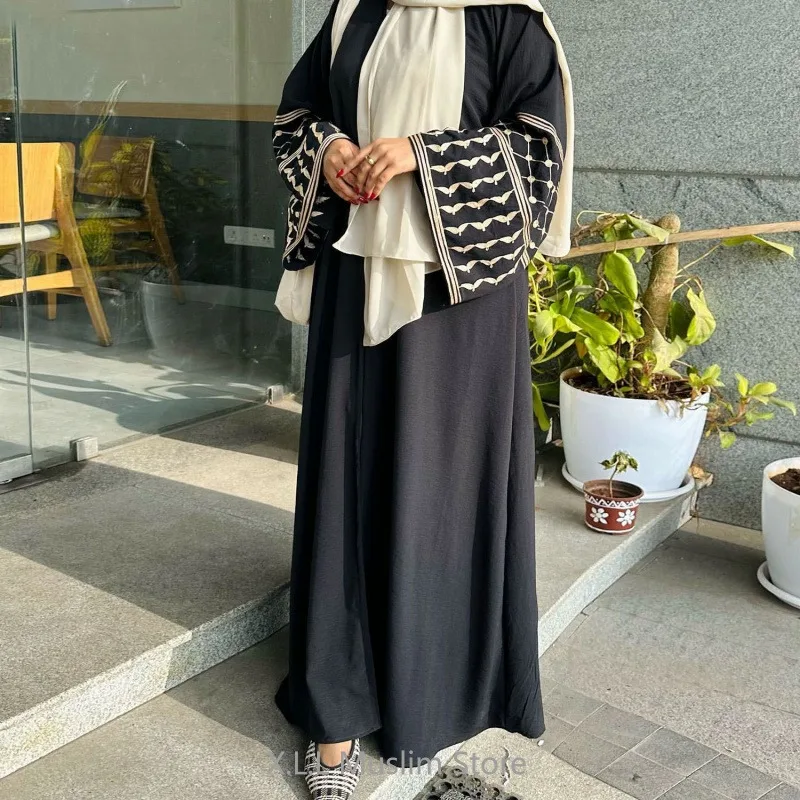 Dubai Islamic Eid Ramadan Modest Abayas White Black Pink Butterfly Embroidery Linen Dress For Women Robe Clothing Musulmane