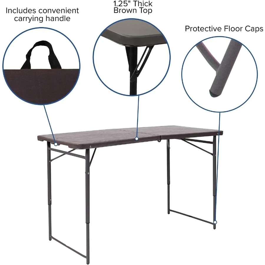 Mills 4Foot Height Adjustable BiFold Brown Wood Grain Plastic Folding Table with Carrying Handle