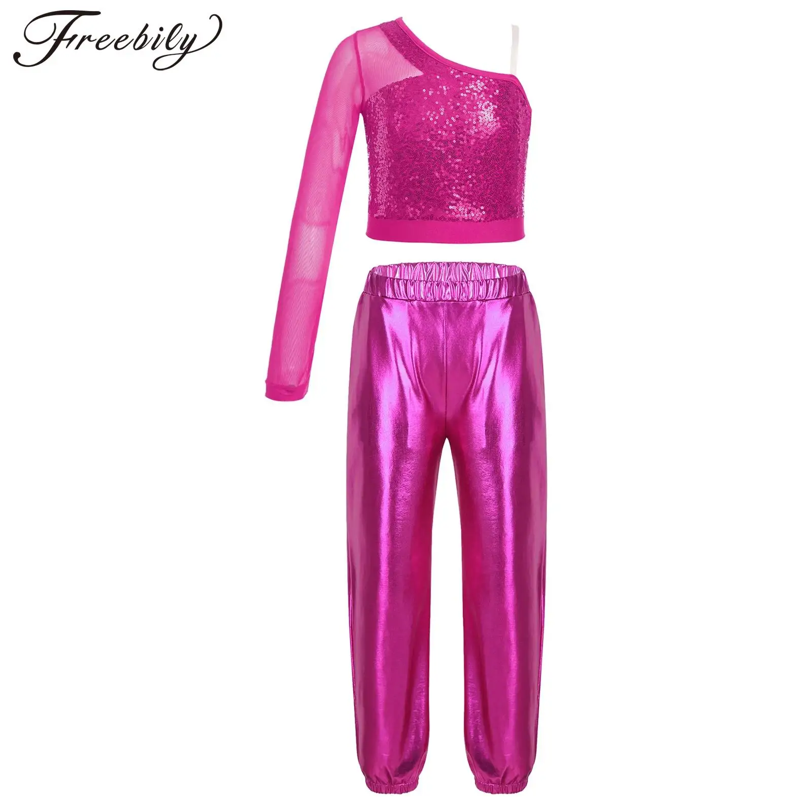 

Kids Girls Hip Hop Jazz Street Dance Performance Costume One Shoulder Sequin Crop Top with Metallic Pants Cheerleading Dancewear