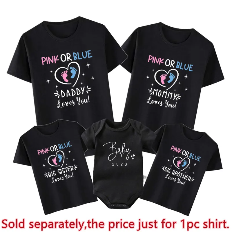New Family Matching Outfits Pink or Blue Dad Mom Loves You T-shirts Big Brother Sister Baby Announcement Tops Family Look Shirts 3