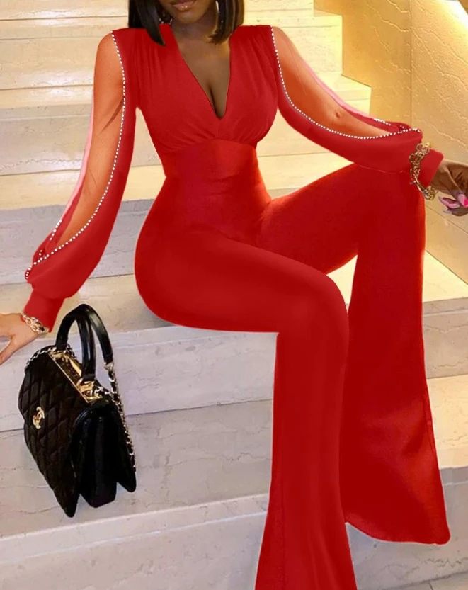 Fashion Women's Party Jumpsuit Rhinestone Sheer Mesh Patch Long Sleeve Commuting Elegant V-Neck Flared Leg Long Jumpsuit