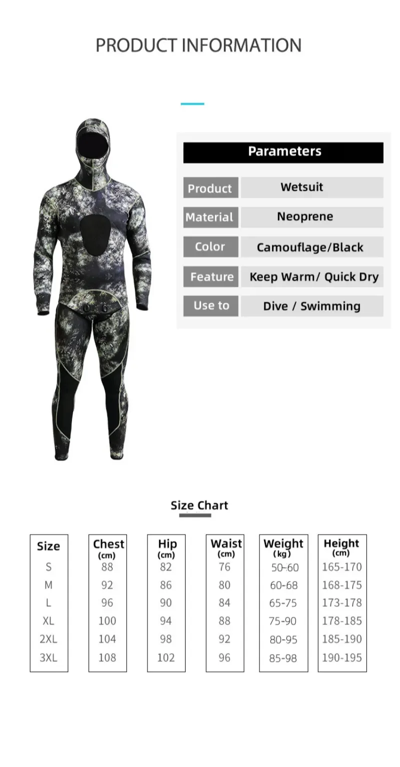 Wetsuit 3mm Camouflage Long Sleeve Fission Hooded 2 Pieces Of Neoprene Submersible For Men Keep Warm Scuba Diving Suit Swimwear