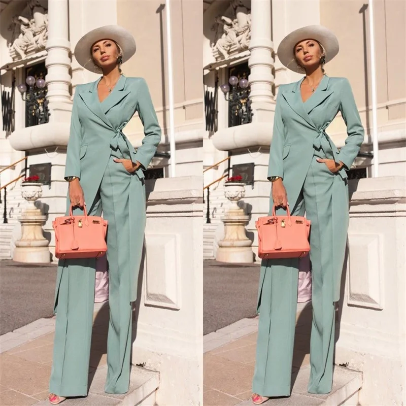 

Designer Women Suits Set Long Blazer With Belt Lace Up Pants 2 Pcs Tailor Made Wedding Tuxedo Formal Office Jacket Prom Dress