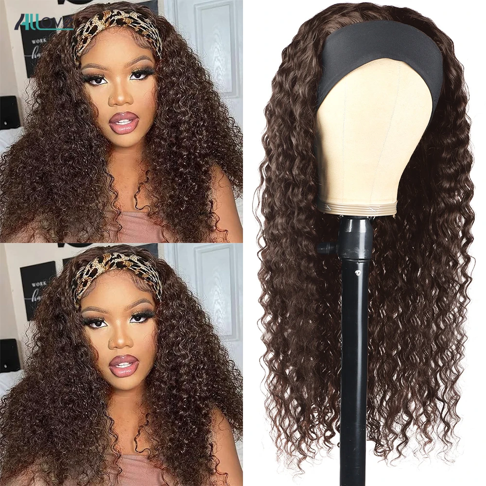 Allove #4 Brown Headband Wig Full Machine Made Wigs Deep Wave Brazilian Remy Human Hair Scarf Wig For Women Deep Curly human hair wigs