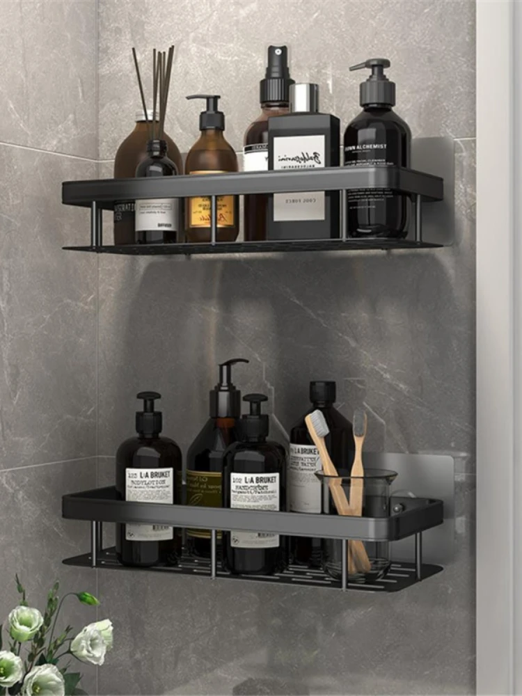 Drill Free Wall Mounted Bathroom Shelf Black Aluminum Square Shampoo Shelf Cosmetic Shelves Kitchen Nets Shelf Organizer Rack