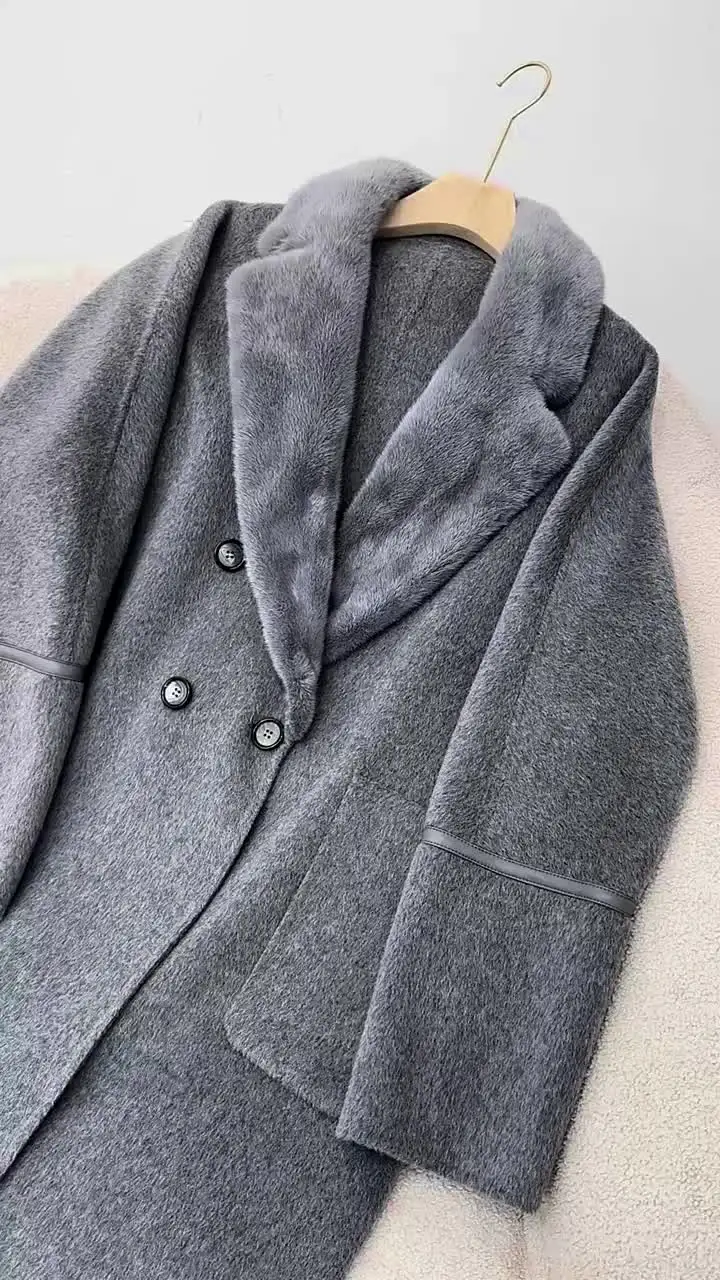 High End Double-Faced Cashmere Coat For Women 2024 Autumn and Winter Loose Mink Fur Collar Over-Knee Long Wool Outerwear