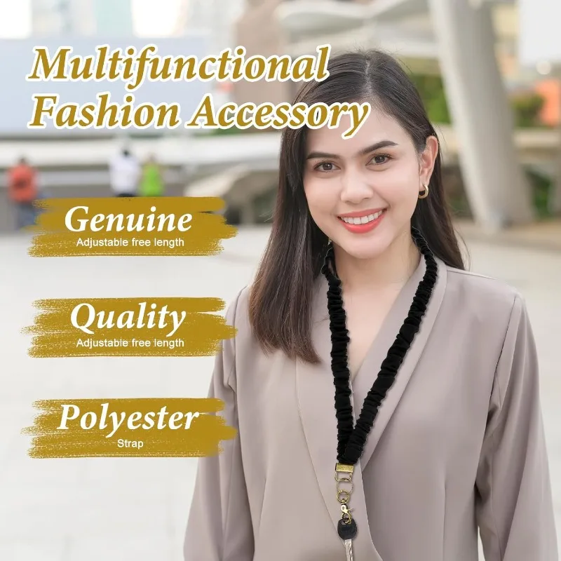 Black Key Lanyard, Cute Elastic Lanyard, Extendable Keychain, Ladies' ID Card Badge Holder, Key Wallet, Practical and Convenient