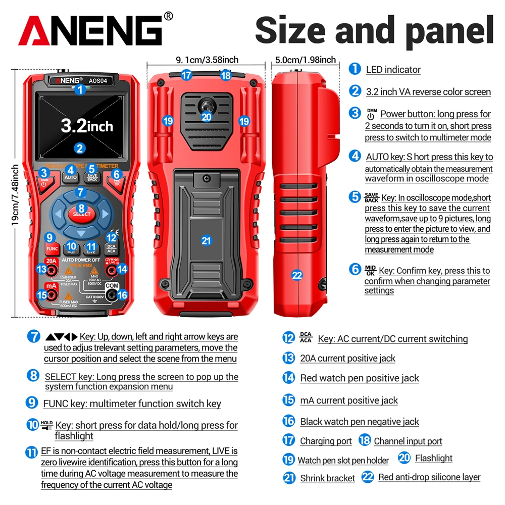 ANENG AOS04 Digital Oscilloscope Smart Multimeter 50MS/s Sampling Rate 10Mhz Bandwidth Support Waveform Storage Tester Tool