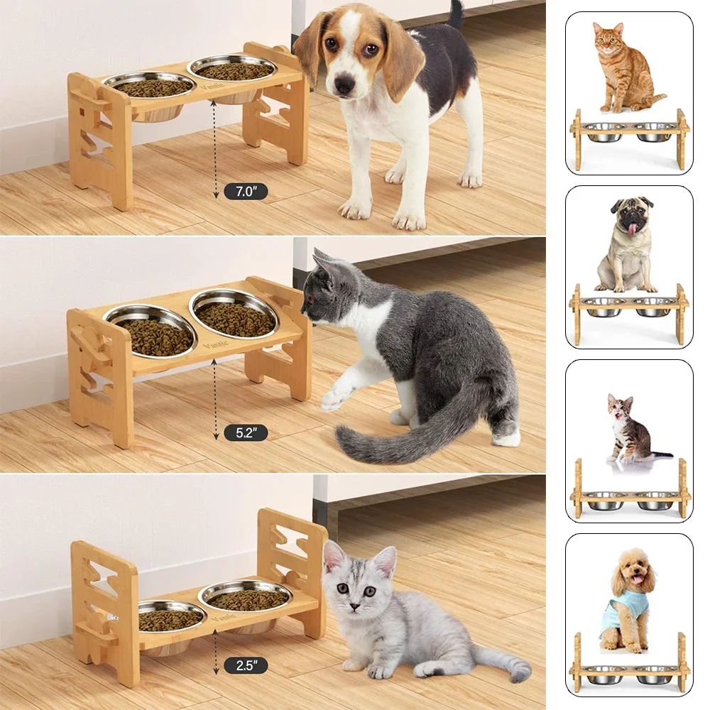 

Double Layer Double Basin Pet Bowl Bamboo Wood and Stainless Steel Material Adjustable Bamboo Feeder Cat Bowl Dog Dining Table