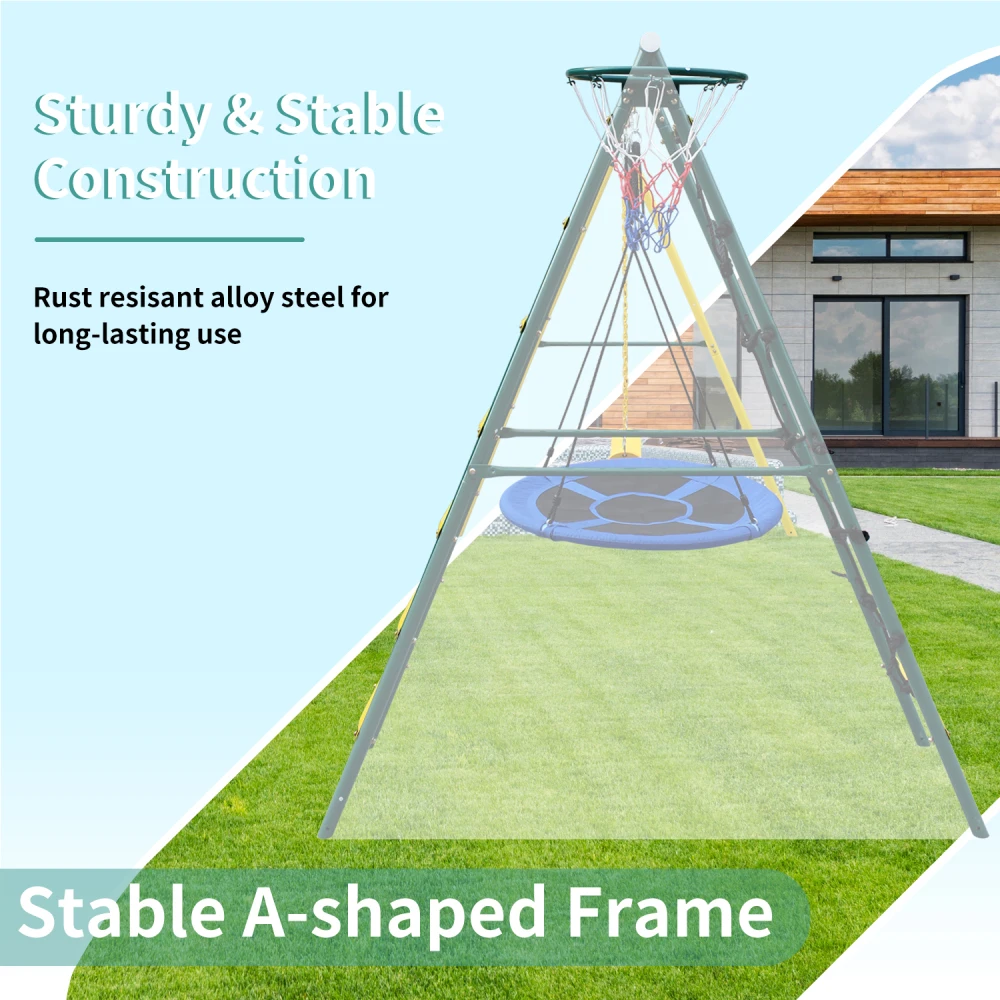 Swing Set for Kids Outdoor Backyard Playground Swing Set with Ladder and Basketball Hoop 4
